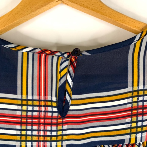 Holiday Christmas party preppy Red Blue yellow ruffled plaid lightweight blouse - Picture 6 of 9